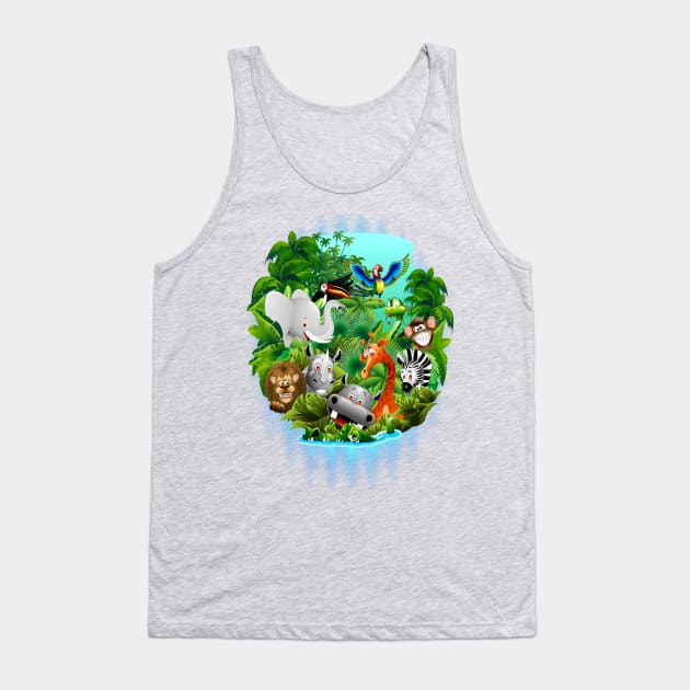 Wild Animals Cartoon on Jungle Tank Top by BluedarkArt